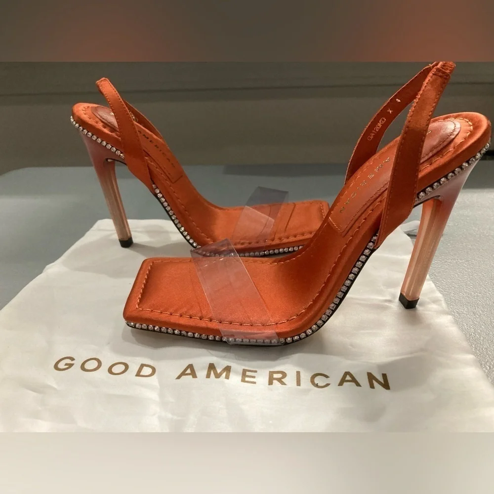 Good American Crystal Crush Orange Sandals Size 4‎